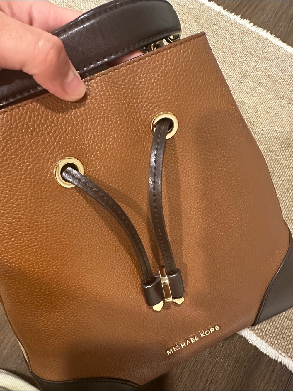 Michael Kors Brown and Tan Pebbled Leather Drawstring Shoulder Bag - Picture 4 of 16